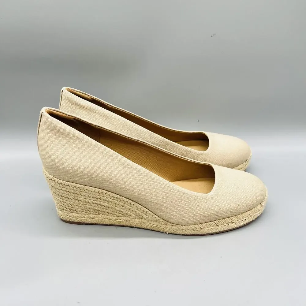 J Crew Shoes Womens 10 Beige Cotton Espadrille Wedge Heels Round Toe Slip On